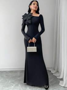 Modelyn Vestido de manga larga elegante de unicolor con aplicación floral y cuello asimétrico para mujer - Negro - Ver 4