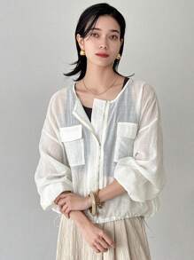 FRIFUL Women's White Loose Linen Blend Jacket, Round Neck Lightweight Long Sleeve Outerwear, Spring & Summer
