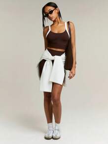 Athîral Women Contrast Trim Camisole & Biker Shorts Seamless Sports Set - Coffee Brown - View 2