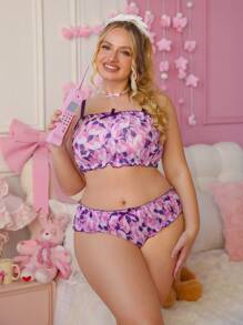 PetitDoll 2pcs/Set Plus Size Mesh Printed Wireless Lingerie Bra & Panty Set - Multicolor - View 3