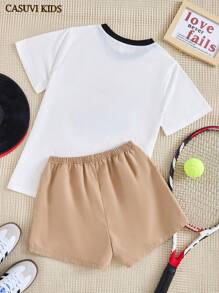 SHEIN Explorewe 2pcs/Set Girls Vintage-Style Tennis Racket Print Loose Casual Round Neck T-Shirt + Solid Color Shorts Sports Set, Suitable For Spring/Summer Daily Wear & Sports - White - View 2