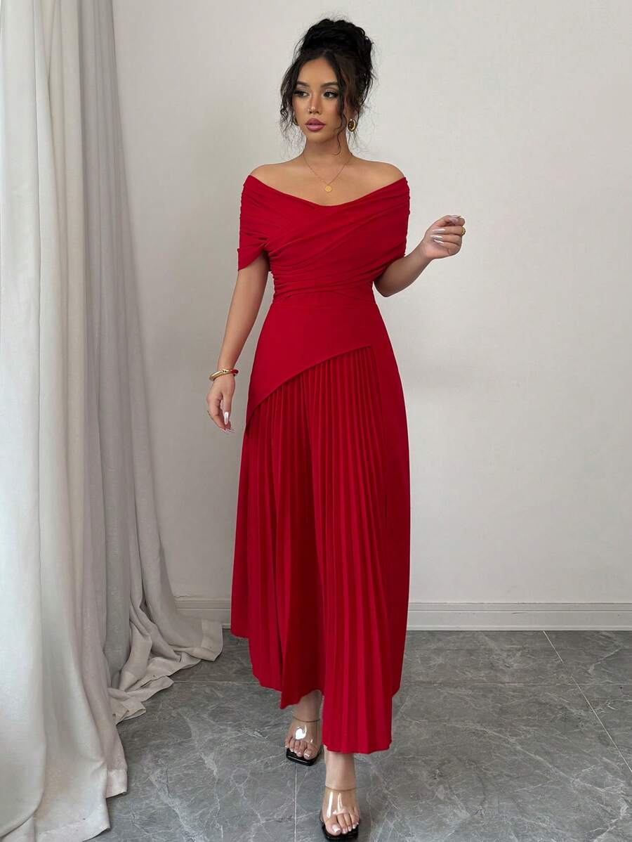 Elenzga 1 件 V 领褶皱 A 字型轻薄优雅浪漫女式连衣裙 - 紅色 - 查看 1