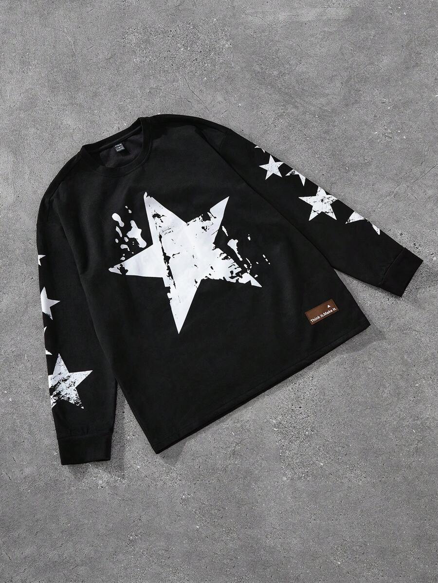 Manfinity EMRG Men's Star Print Round Neck Long Sleeve Casual T-Shirt , Men Graphic Tops - Black - View 1