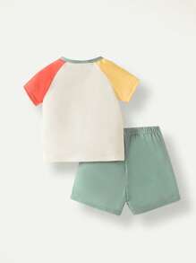 SHEIN 2pcs/Set Boys Casual Color Block Patchwork Short Sleeve T-Shirt And Shorts Set, Comfortable Summer Toddler Daily And Outdoor Wear
