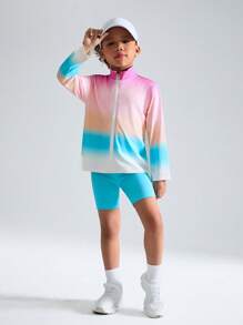 SHEIN Outfit für Kleine Mädchen mit buntem Farbverlaufsdruck, Langarm-Dünnstrick-Jacke mit Reißverschluss + Leggings mit dehnbarem Taillenbund, weich, bequem, elastisch, geeignet für Frühling/Sommer, Lässig, Sport, Outdoor