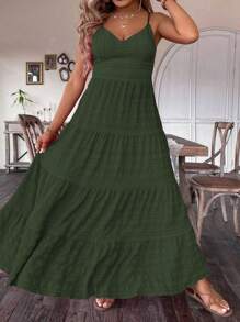 Breezaya Plus Tie Backless Ruffle Hem Cami Dress For Summer Maxi Women Outfit - Army Green - View 3