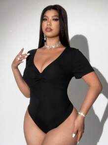 Viva Relle Plus Size Deep V-Neck Textured Bodysuit - Black - View 3