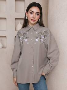 Al Najma Women's Flower Embroidered Arabian-Style Top,Modest - Grey - View 2