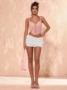 SHEIN BAE Top de camiseta de mujer elegante, con decoración de lazo, de malla transparente, con bordado floral. Adecuado para festivales de música, carnaval, conciertos, salir de fiesta, estilo bohemio, ropa de verano