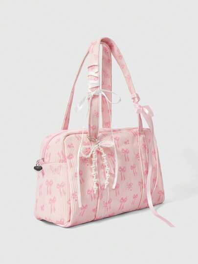 Kawaii Large Capacity Women's Corduroy Shoulder Bag With Bow Decor, Pink Color, Cute Bow Bag For Women