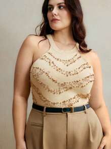 Anewsta 圆领奢华金色珍珠装饰贴身针织背心，女士夏季服装 - 杏色 - 查看 2