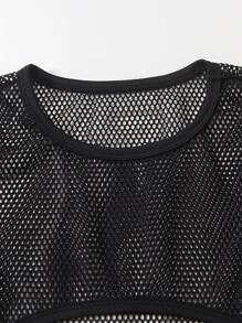 3pcs Tween Girl Street Style Set: Cropped Mesh Short Sleeve Top, Anime Character Print Tank Top & Denim Effect Pants - Black and White - View 6