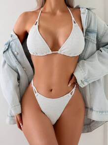 SHEIN Swim 2pcs/Set Women's New White Twist Tie Up Casual Holiday Bikini Swimwear Set, For Summer Beach Vacation - White - View 1