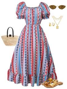 SHEIN Teen Girls Square Neck Puff Sleeve Print Long Dress
