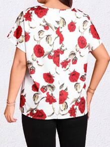 SHEIN Clasi 夏季大码优雅玫瑰印花缺口领衬衫 - 白色 - 查看 2