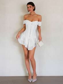 SHEIN BAE 女士春夏度假沙滩装优雅浪漫性感白色锦缎单肩迷你连衣裙适合日常派对聚会、音乐会服装女士、春假礼服、狂欢服装节日 - 白色 - 查看 4