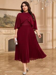 Modelyn 大码女式纯色褶皱斗篷袖优雅连衣裙