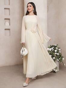 Veilorie Đầm dài tay họa tiết hoa 3D trơn màu phong cách Ả Rập cho nữ - Màu be - Xem 6