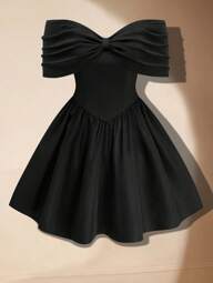 Sunspun ชุดเดรสดำเล็กที่สง่างามสำหรับไหล่เปิด ขนาดใหญ่พิเศษ, เดรสสั้นประดับโบว์, เหมาะสำหรับงานแต่งงาน