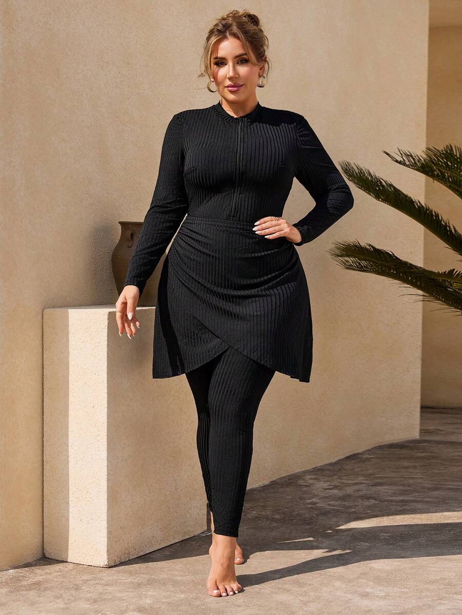 Swim Mulvari 3Pcs/Set Plus Size Women's Solid Color Full Zip Long Sleeve Rash Guard Swimwear Set With Sarong Skirt And Pants, Modest  Cover-Up For - Black - View 1