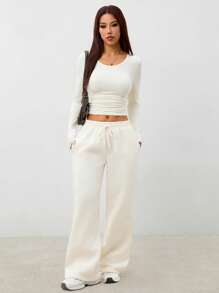 SHEIN PETITE Women's Solid Color Round Neck Long Sleeve Simple Top And Pants Casual 2 Pieces Set - Apricot - View 3