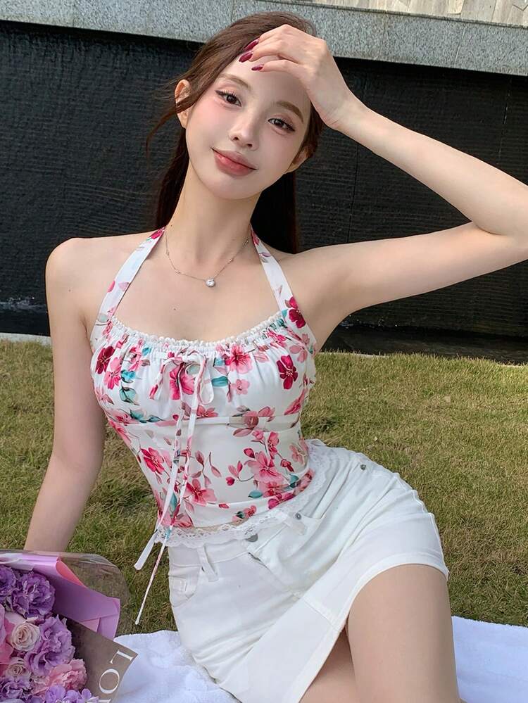 Women's Vacation Beach Ditsy Floral Lace Patchwork Spaghetti Strap Backless Crop Camisole Top For Spring/Summer,Boho Top