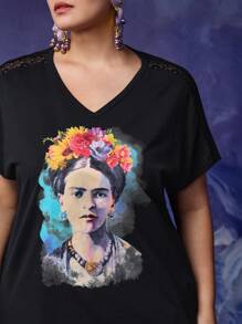 Frida Kahlo X SHEIN Plus Size Letnia, swobodna, kontrastowa, koronkowa, graficzna koszulka T-shirt