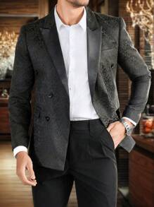 Manfinity Mode 男士提花图案翻领西装外套，多排扣设计，派对西装外套 - 黑色 - 查看 4