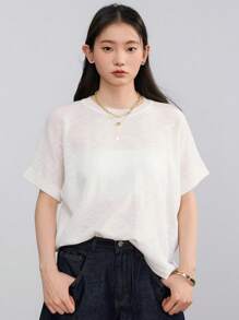 DAZY 女士纯色宽松简约针织毛衣，秋季商务休闲女装 - 白色 - 查看 1