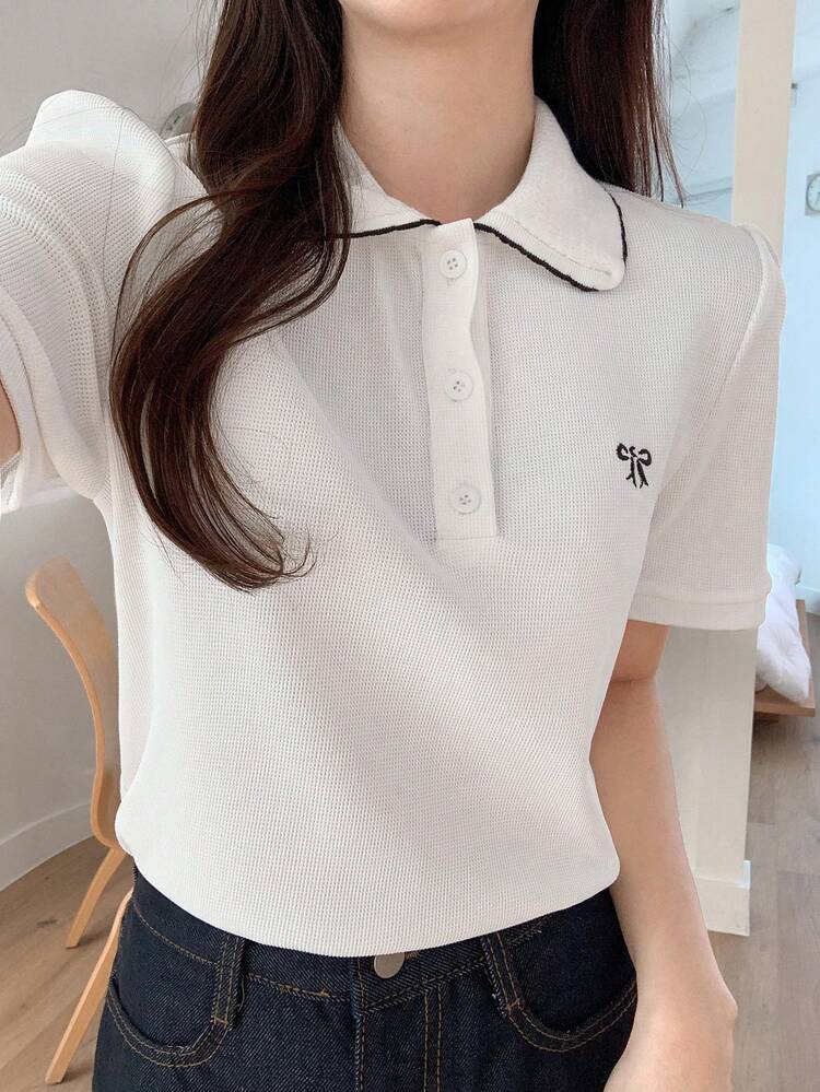 Women's Contrast Color Embroidery Bowknot Collar Ruffle Short Sleeve T-Shirt