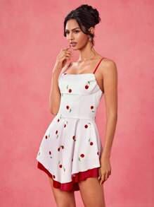 By Lucila Fernandez Designer White And Red Cherry Printed Satin Spaghetti Straps Drape Neck Romper - Red and White - View 8