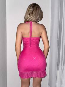 Sweetina Sparkly Mesh Overlap Ruffle Hem Halter Neck Mini Dress