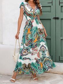 SHEIN Clasi Vacation Dress,Allover Floral Print Summer Long Dress For Women,Lotus Leaf Cap Sleeves With Waist Cinched A Hem, Elegant Lotus Leaf Hem Summer Dress