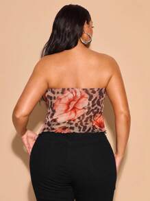 SHEIN BAE Plus Size Women Elegant Vacation Drawstring Asymmetric Bandeau Top, Flower Print Design, Suitable For Music Festival, Beach Holiday/Going Out Tops/Concert Tops/Summer Clothes/Sleeveless Top/Casual Tops/Graphic Crop Top,Graduation - Khaki - View 7