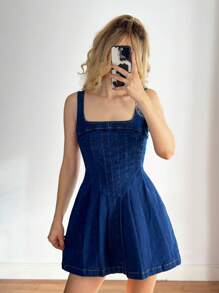 Forever 21 New Square Collar Sleeveless A-Line Washed Denim Mini Dress, Spring - Blue - View 3