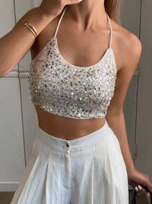 DAZY Vacation Spring And Summer Sequin Short Fitted Camisole Women's Cami Top Prom Dress,Halter Top Club Outfit