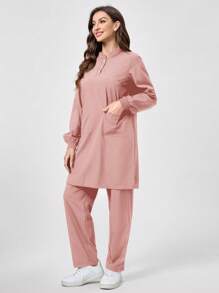 TaskEZ Solid Color Long Sleeve & Long Pants Scrub Uniform Set - Dusty Pink - View 3