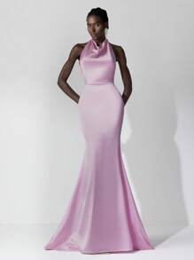 SHEIN Belle 优雅浅粉色缎面高领露背伴娘礼服，配有可调节雪纺领带和鱼尾造型 - 淺粉色 - 查看 5