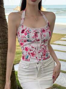 DAZY Women's Vacation Beach Ditsy Floral Lace Patchwork Spaghetti Strap Backless Crop Camisole Top For Spring/Summer,Boho Top - White - View 7