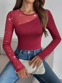 SHEIN Privé Women's Elegant Black Round Neck Mesh Splice Top - Burgundy - View 1