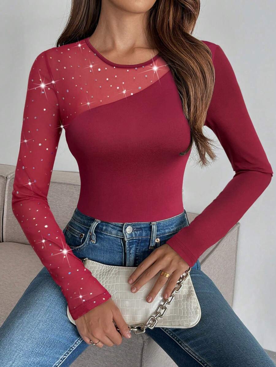 SHEIN Privé Women's Elegant Black Round Neck Mesh Splice Top - Burgundy - View 1