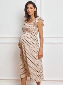 MaterniWear Work/Office Cable Bodice, Square Neck, Ruffled A-Line Hem Mid-Length Maternity Dress - Beige - View 4