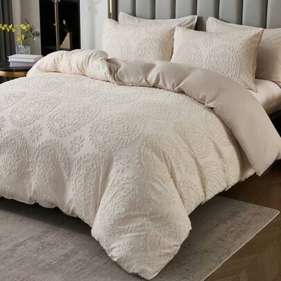 3 قطع طقم غطاء لحاف جاكارد هندسي بيج (1 غطاء لحاف + 2 كيس وسادة، دون لحاف)، طراز كلاسيكي أنيق رومانسي حديث، قماش بوليستر، مريح ومنفذ للهواء، مناسب لغرفة النوم، ديكور المنزل، مفروشات جميلة.