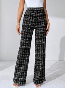 SHEIN Tall CURVE Plus Size Summer Elegant Women's Plaid Printed Elastic Knitted Pants, Suitable For Various Occasions, Suitable For Summer Vacation, Elegant Travel, And Daily Commuting,Business Casual Woman