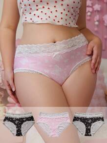 PetitDoll 3pcs/Pack Plus Size Women Lace Patchwork Butterfly Print Fashionable Briefs