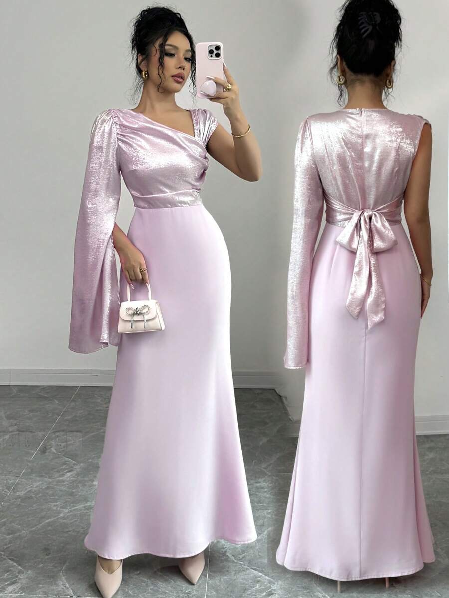 Elenzga 1 件女士粉色浪漫修身不对称肩长裙配金箔印花 - 粉色 - 查看 1