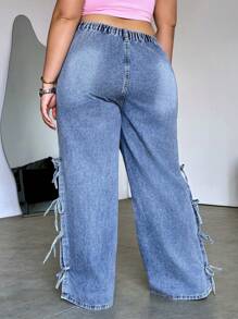 SHEIN MOD Jeans anchos de pierna ancha y sueltos de talla grande con lazo en la cintura, jeans con lazo, pantalones de jeans para mujeres, pantalones holgados para mujeres, azul - Lavado ligero - Ver 2