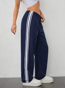SHEIN PETITE Women's Fall Streetwear Basic Lightweight Woven Tape Contrast Stripe Elastic Waistband Comfy Athletic Navy Blue Wide Leg Mid Rise Straight Leg Pants With Side Stripes Baggy Joggers - Navy Blue - View 3