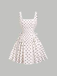 Sweetra Váy ngắn hở lưng chấm bi đen trắng cổ vuông không tay nhún bèo phong cách Mỹ cổ điển với họa tiết hoa thanh lịch - Đen và trắng - Xem 3