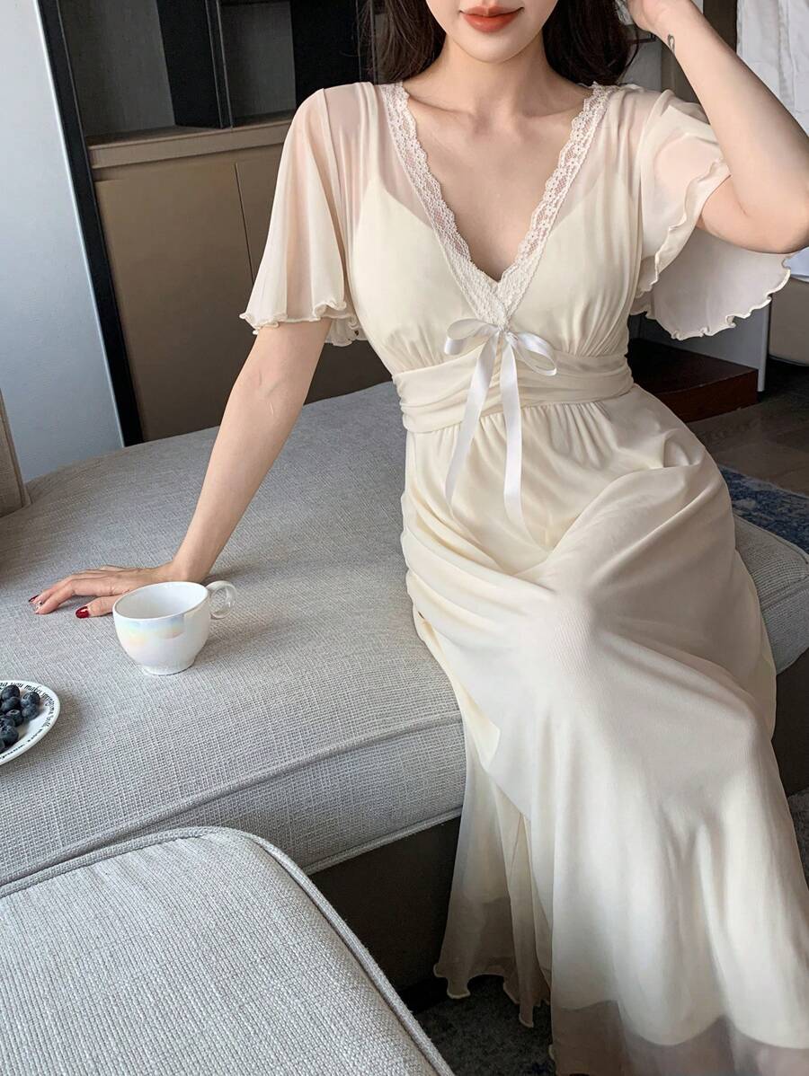 DAZY Romantic Mesh & Lace Patchwork Lightweight V-Neck Ruffle Waist Design Women's Nightgown Pajama - White - View 1